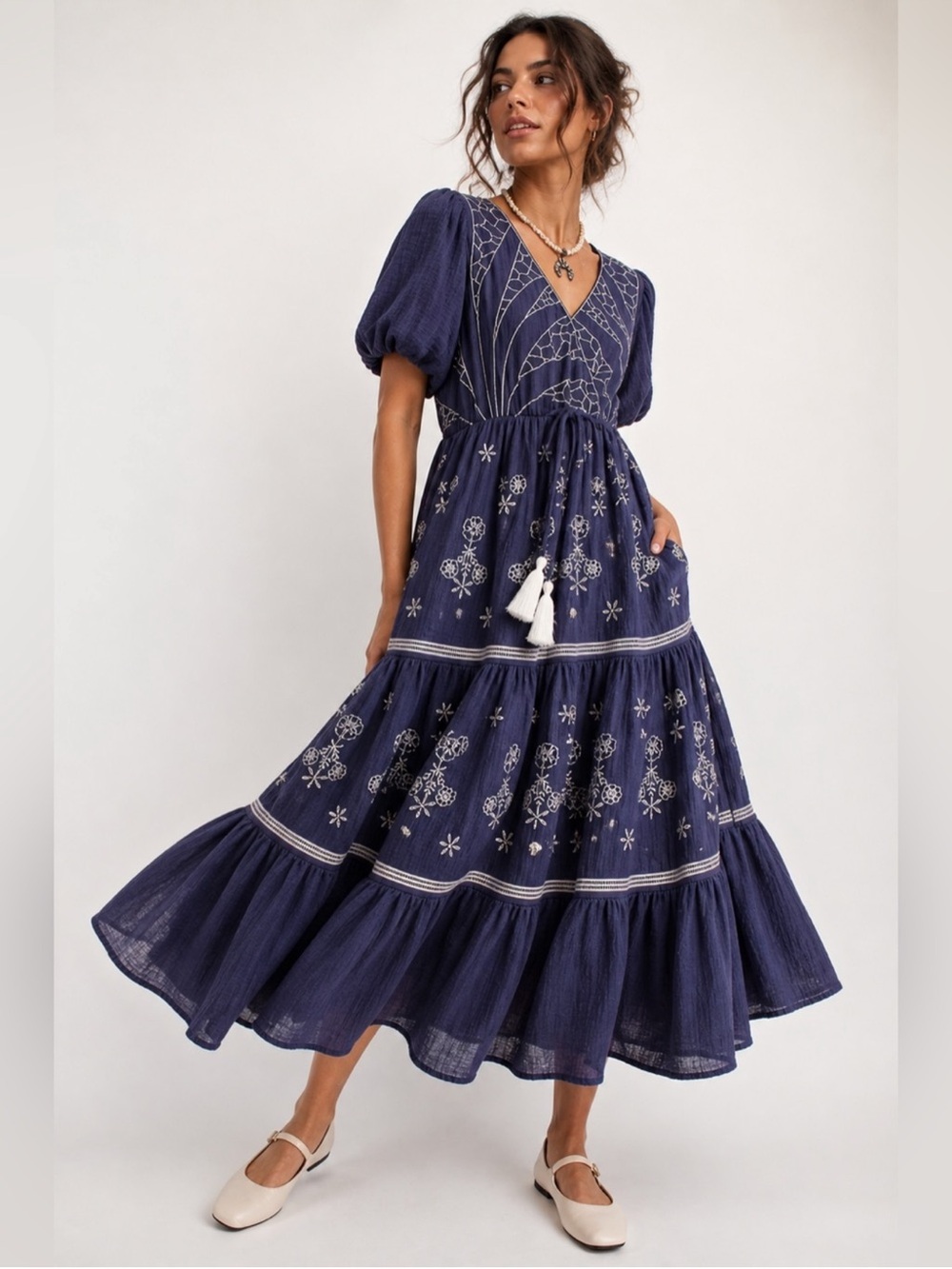 Easel Navy Embroidered Puff-Sleeve Maxi Dress with Tassel Tie